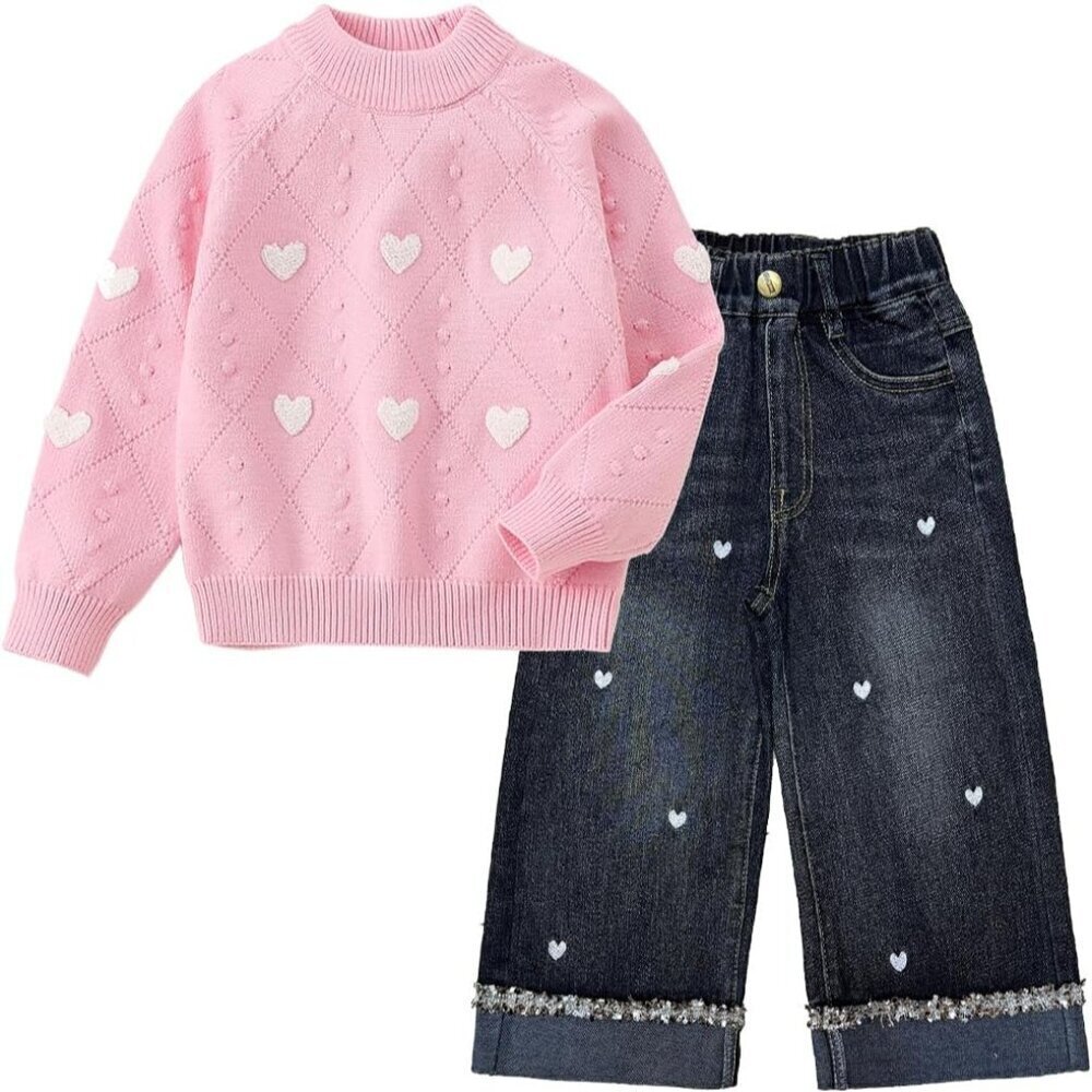 2-7T Spring Fall Little Girls 2pcs Clothing Set Heart Knit Sweater and Straight